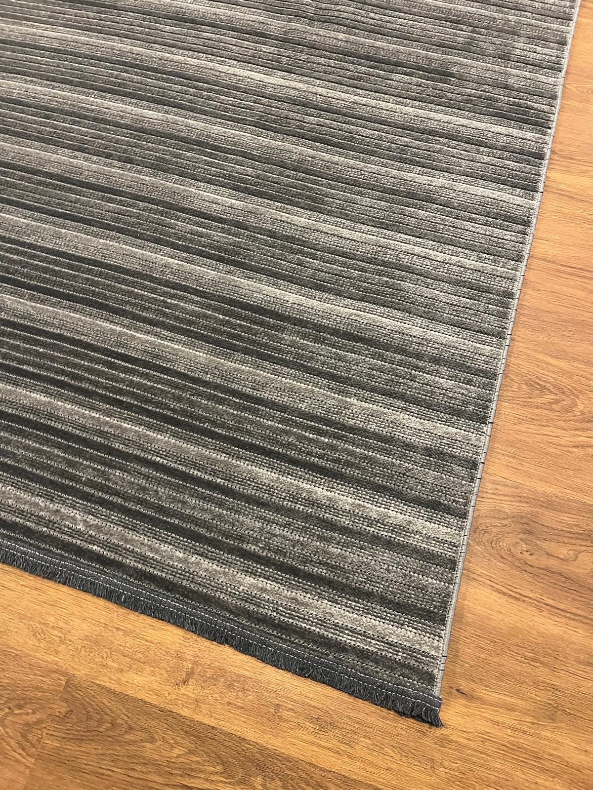 Modern Gray Striped Area Rug – Textured Contemporary Floor Carpet for Living Room & Office