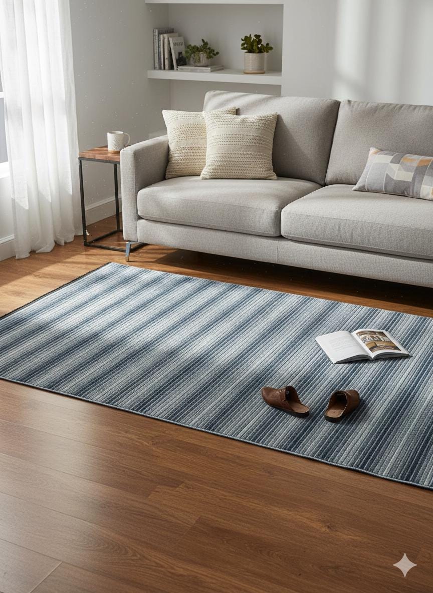 Modern Blue Striped Area Rug – Textured Contemporary Floor Carpet for Living Room & Office