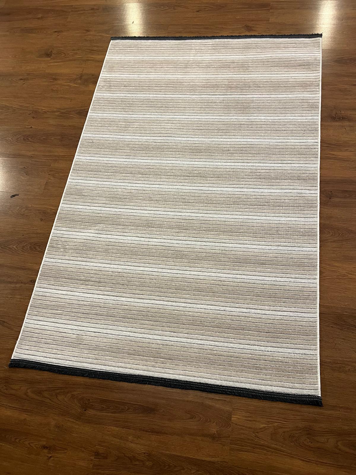 Modern Cream Striped Area Rug – washable Contemporary Floor Carpet for Living Room & Office