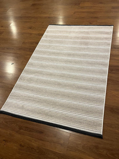 Modern Cream Striped Area Rug – washable Contemporary Floor Carpet for Living Room & Office