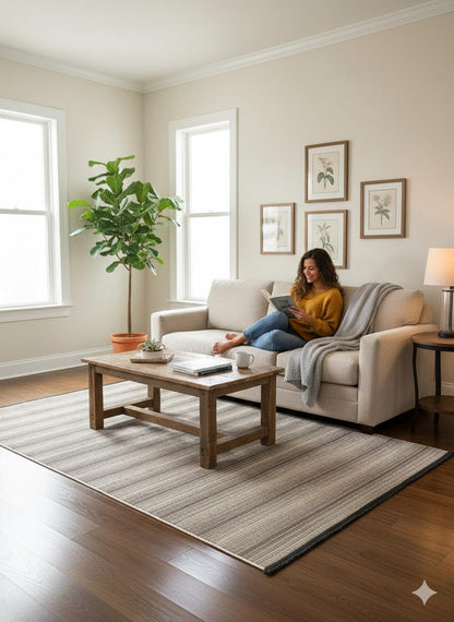 Modern Beige Striped Area Rug – Textured Contemporary Floor Carpet for Living Room & Office