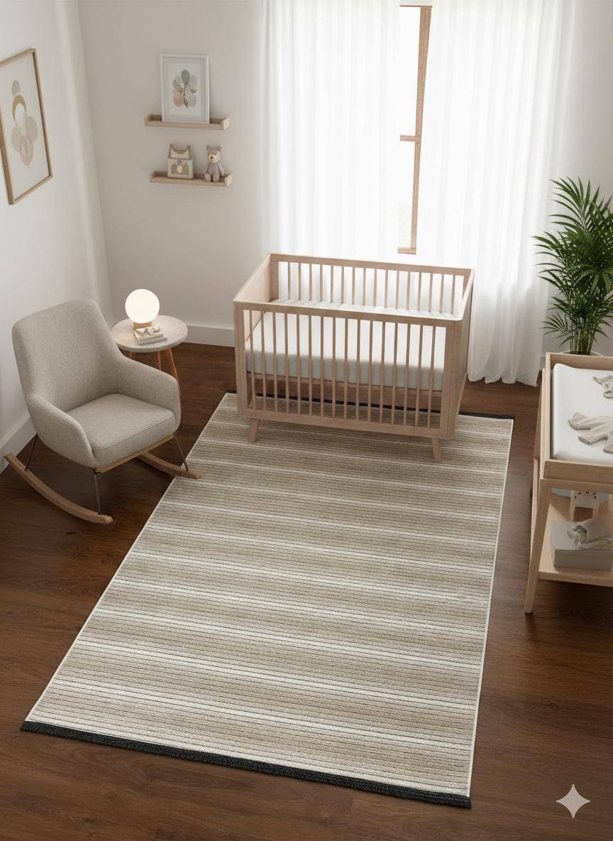 Modern Cream Striped Area Rug – washable Contemporary Floor Carpet for Living Room & Office