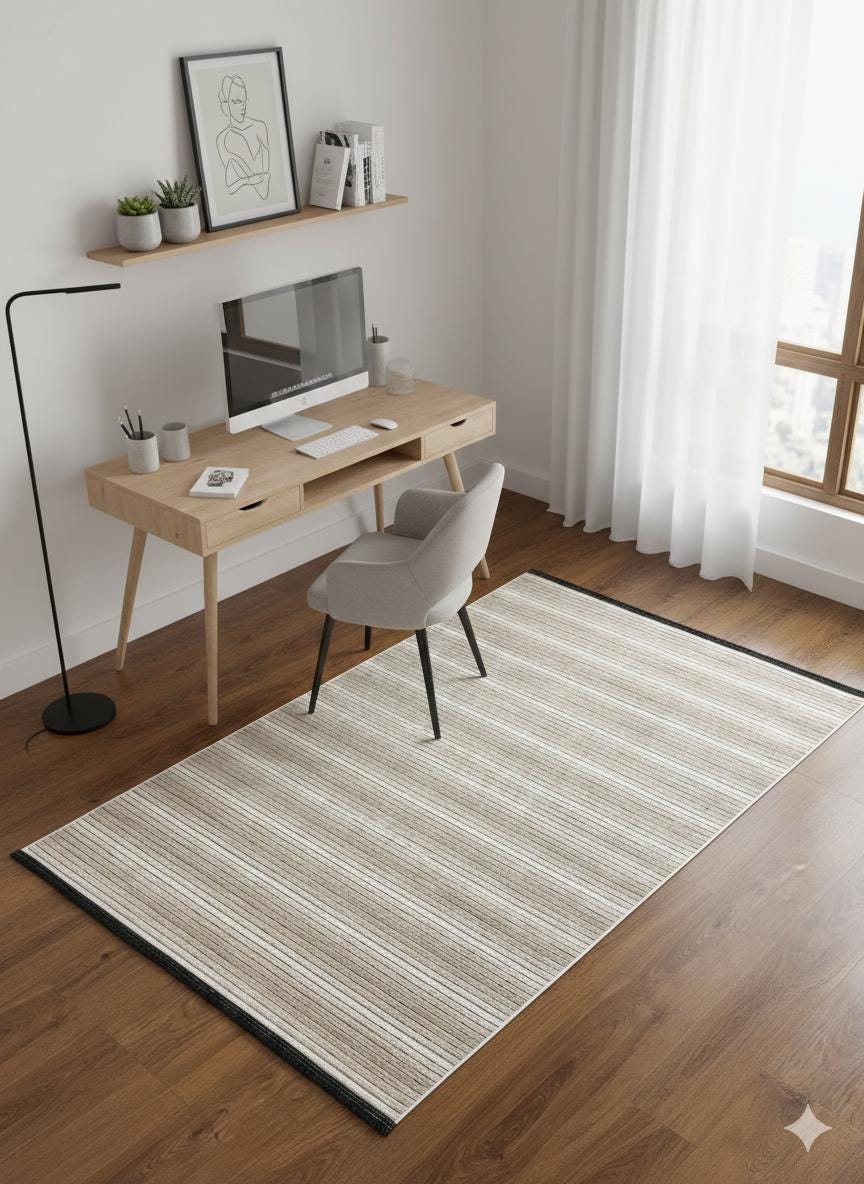 Modern Cream Striped Area Rug – washable Contemporary Floor Carpet for Living Room & Office