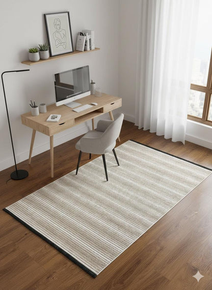 Modern Cream Striped Area Rug – washable Contemporary Floor Carpet for Living Room & Office