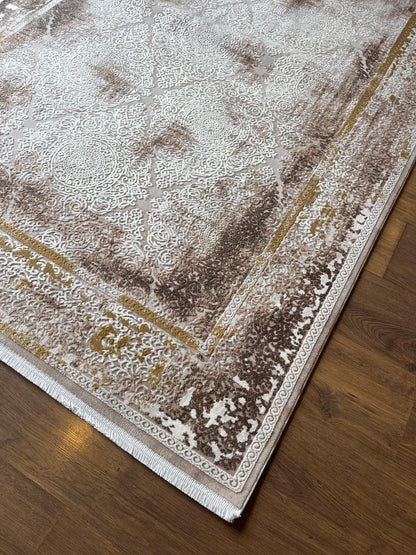 Distressed Oriental Area Rug – Beige Medallion Carpet, Turkish Boho Style