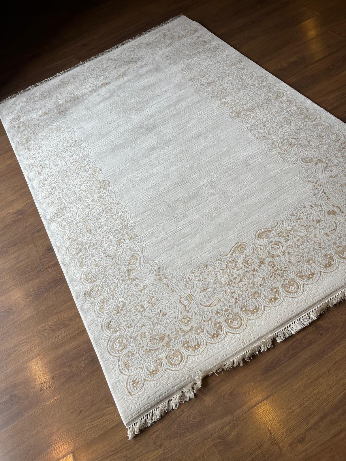 Cream Turkish Area Rug – Ornate Paisley Border, Traditional French Country Carpet