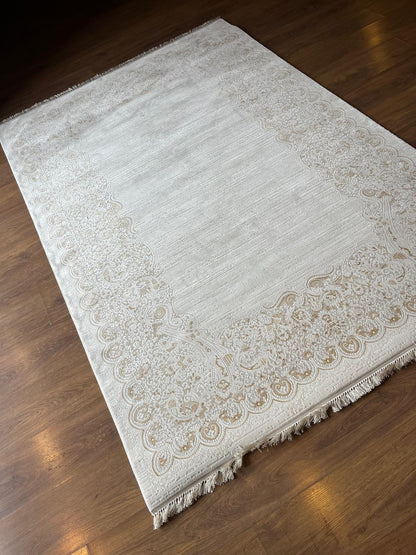 Cream Turkish Area Rug – Ornate Paisley Border, Traditional French Country Carpet