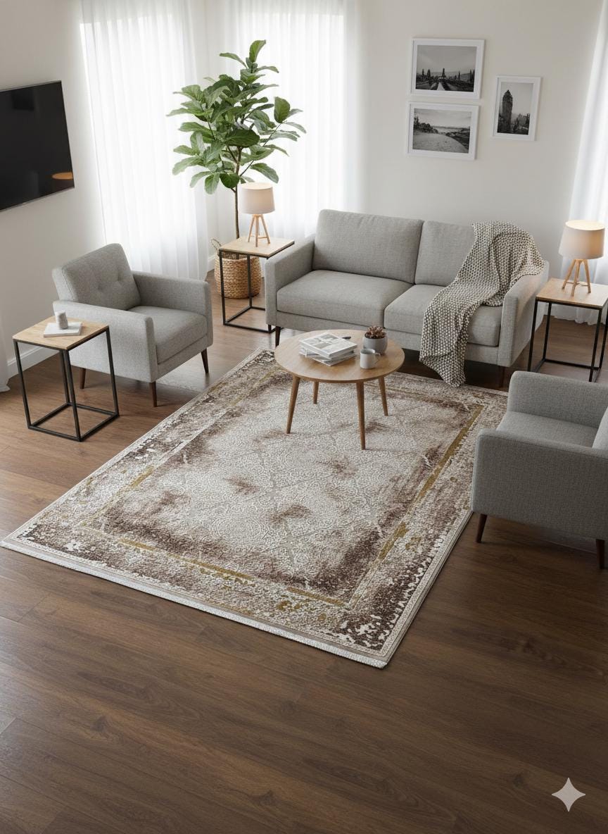 Distressed Oriental Area Rug – Beige Medallion Carpet, Turkish Boho Style