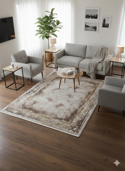 Distressed Oriental Area Rug – Beige Medallion Carpet, Turkish Boho Style
