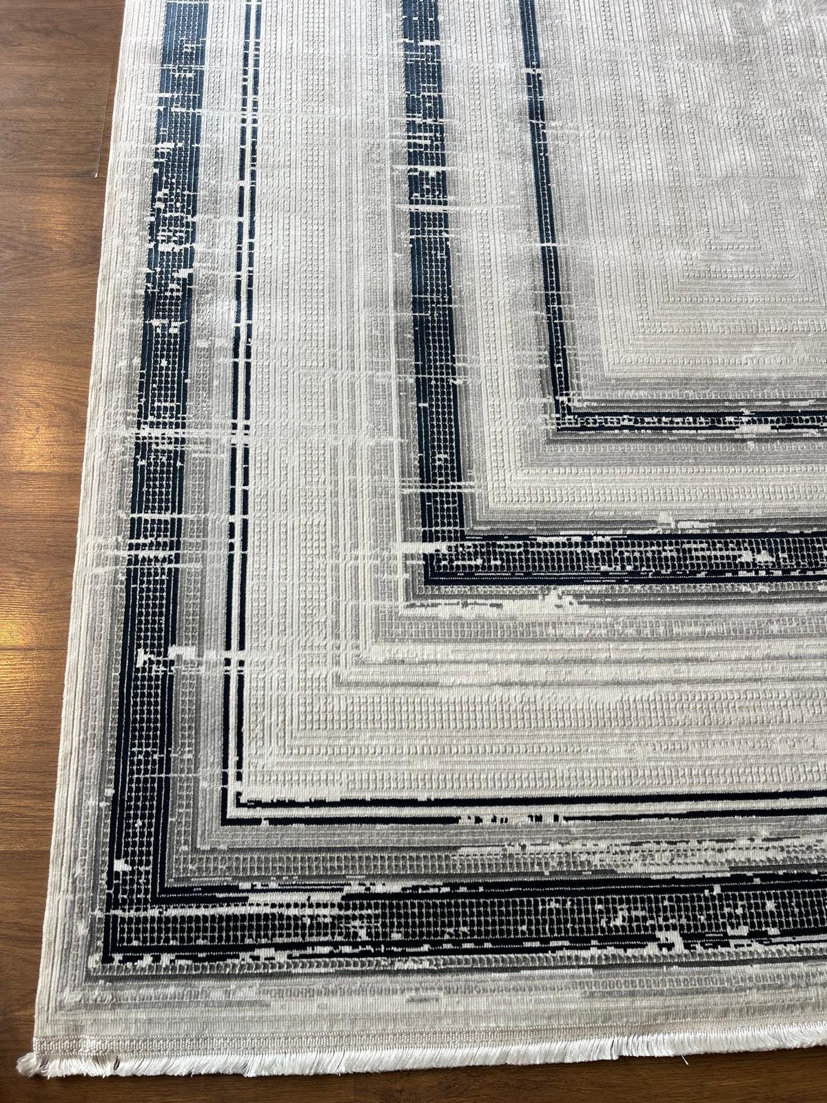 Modern Geometric Navy Blue Gray Area Rug | Distressed Frame Soft Indoor Carpet
