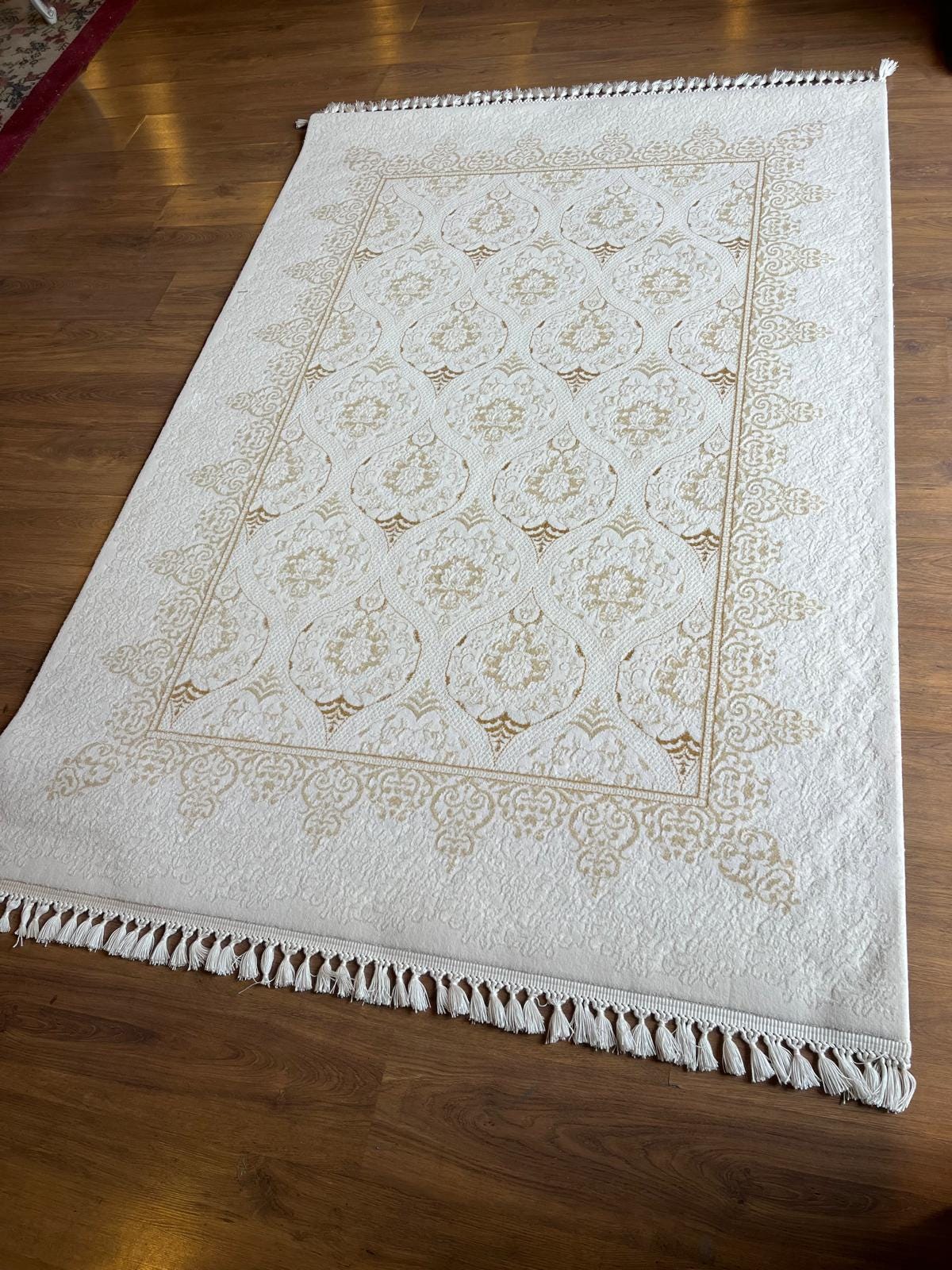 Cream Gold Islamic Damask Area Rug – 160x230cm Turkish Motif Living Room Carpet