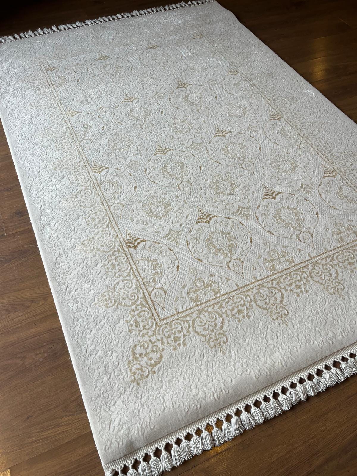 Cream Gold Islamic Damask Area Rug – 160x230cm Turkish Motif Living Room Carpet