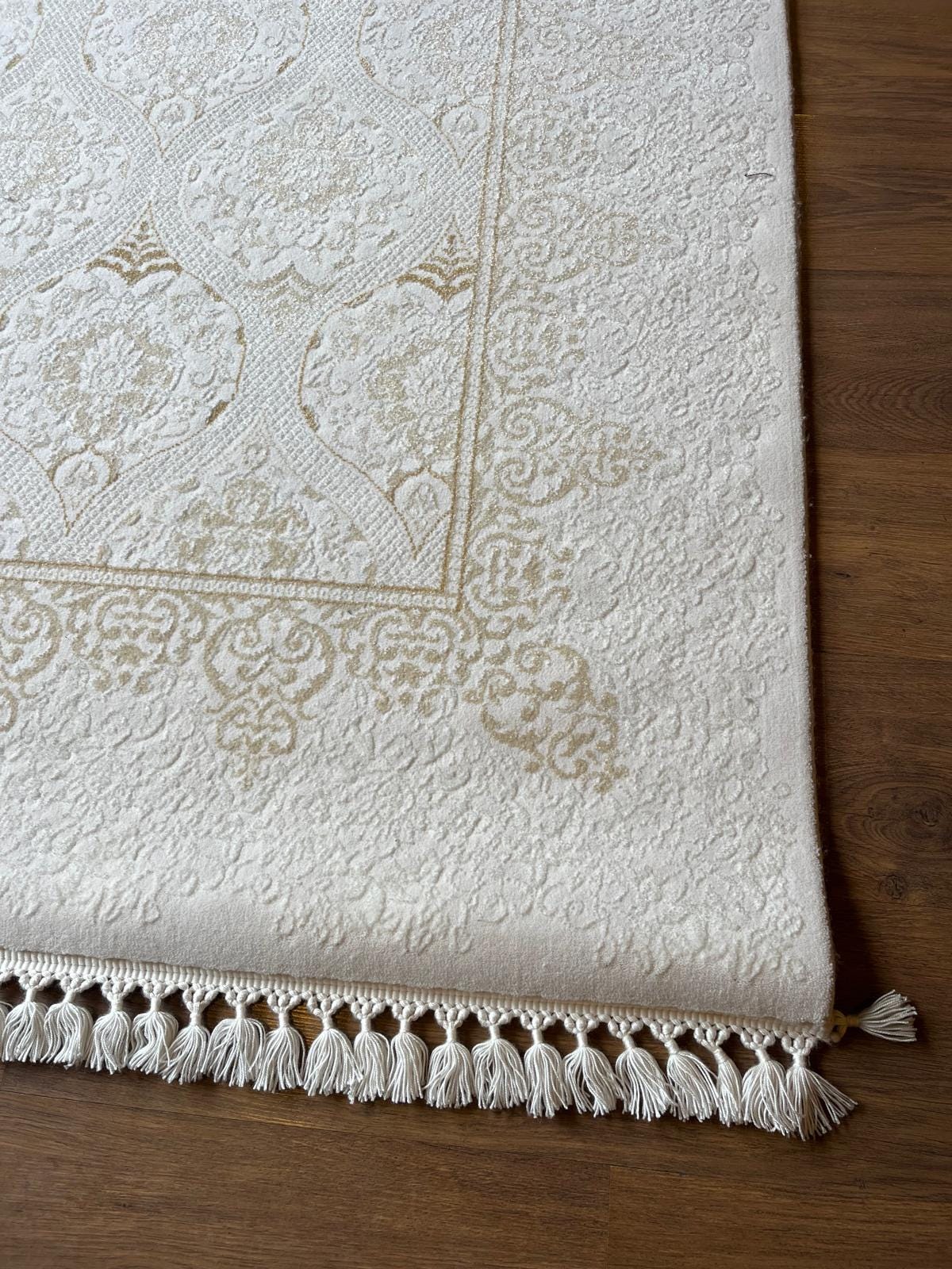 Cream Gold Islamic Damask Area Rug – 160x230cm Turkish Motif Living Room Carpet