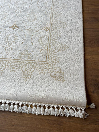Cream Gold Islamic Damask Area Rug – 160x230cm Turkish Motif Living Room Carpet
