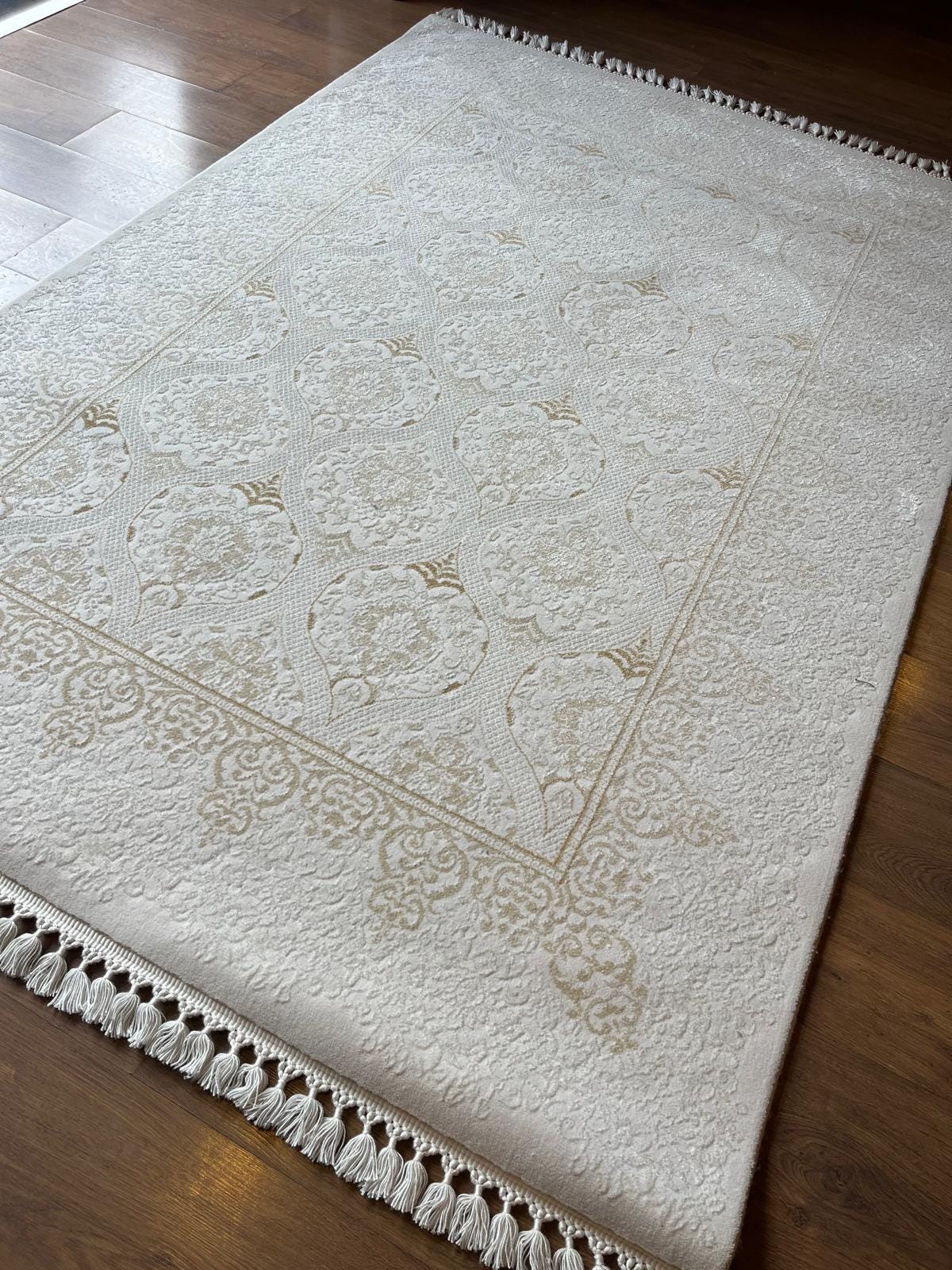Cream Gold Islamic Damask Area Rug – 160x230cm Turkish Motif Living Room Carpet