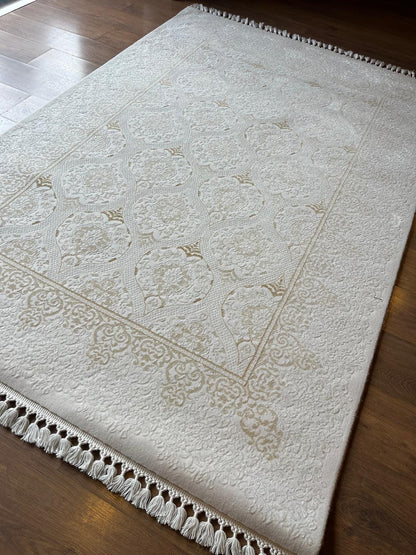 Cream Gold Islamic Damask Area Rug – 160x230cm Turkish Motif Living Room Carpet