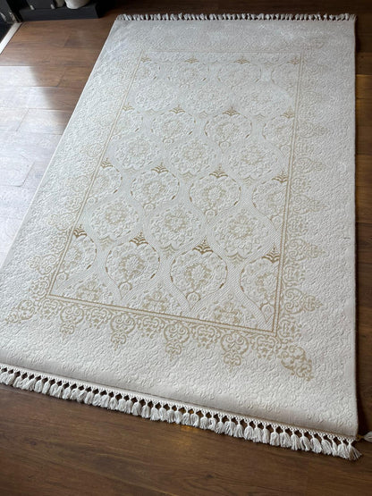 Cream Gold Islamic Damask Area Rug – 160x230cm Turkish Motif Living Room Carpet