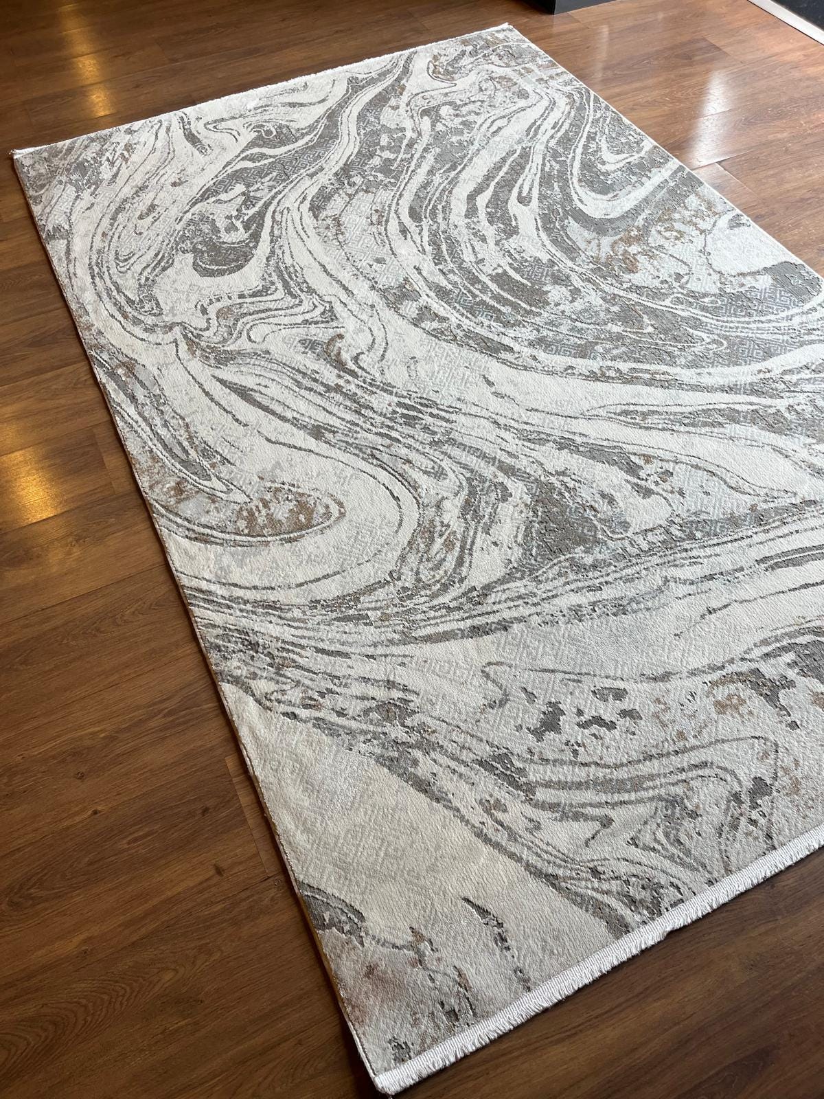 Modern Marble Swirl Area Rug – Beige Brown Abstract Carpet, 160x230cm