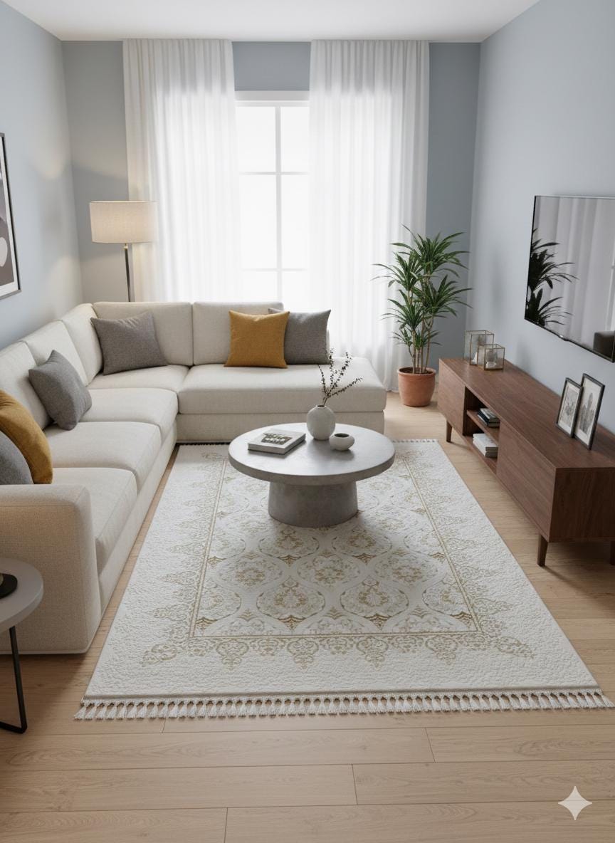 Cream Gold Islamic Damask Area Rug – 160x230cm Turkish Motif Living Room Carpet