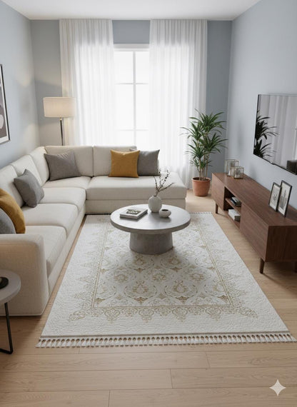 Cream Gold Islamic Damask Area Rug – 160x230cm Turkish Motif Living Room Carpet