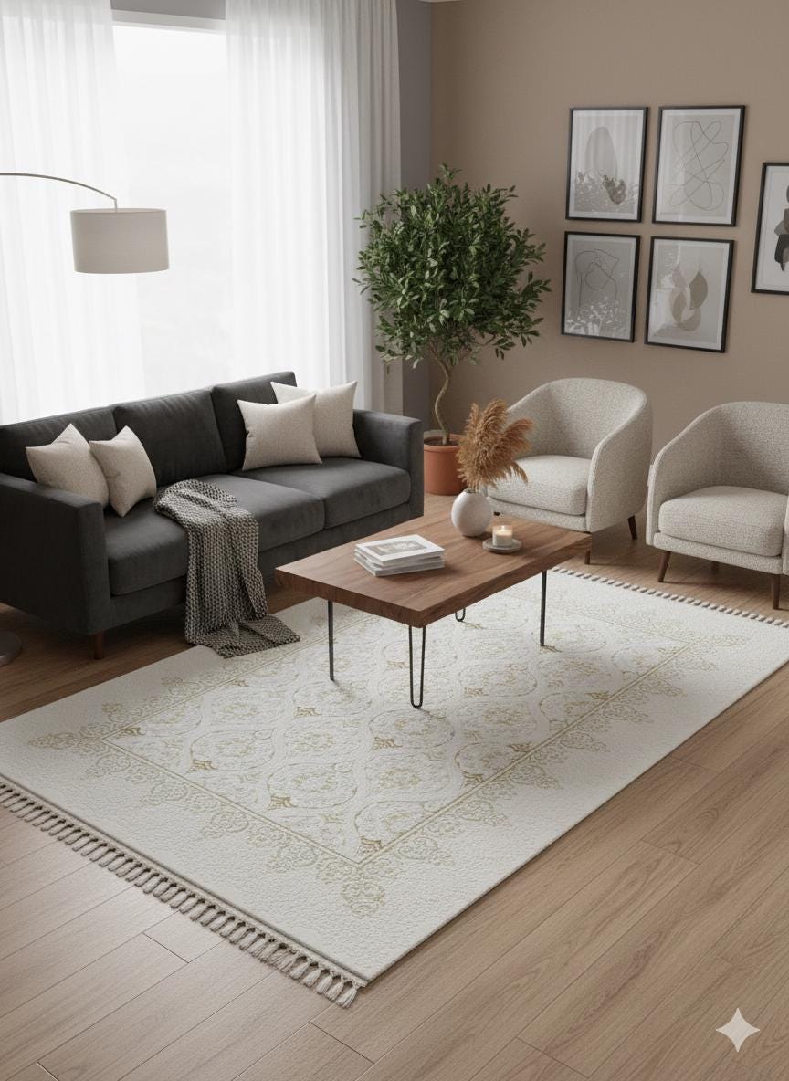 Cream Gold Islamic Damask Area Rug – 160x230cm Turkish Motif Living Room Carpet