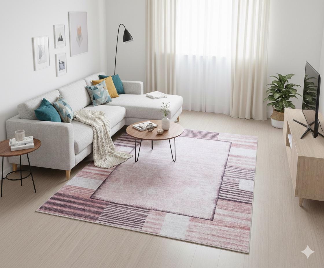 Distressed Terracotta Mauve Geometric Area Rug – Boho Low Pile Carpet