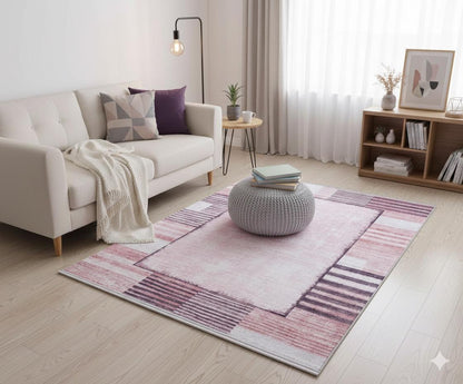 Distressed Terracotta Mauve Geometric Area Rug – Boho Low Pile Carpet