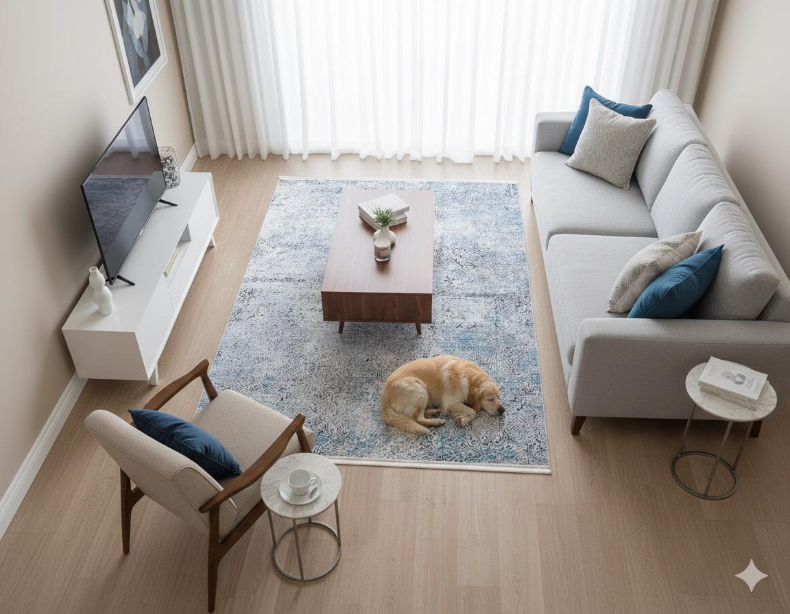 Distressed Blue Silver Abstract Area Rug, Modern Boho Faded Living Room Carpet