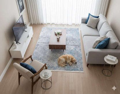 Distressed Blue Silver Abstract Area Rug, Modern Boho Faded Living Room Carpet