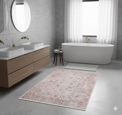 Blush Beige Turkish Style Rug: Faded Floral Area Carpet