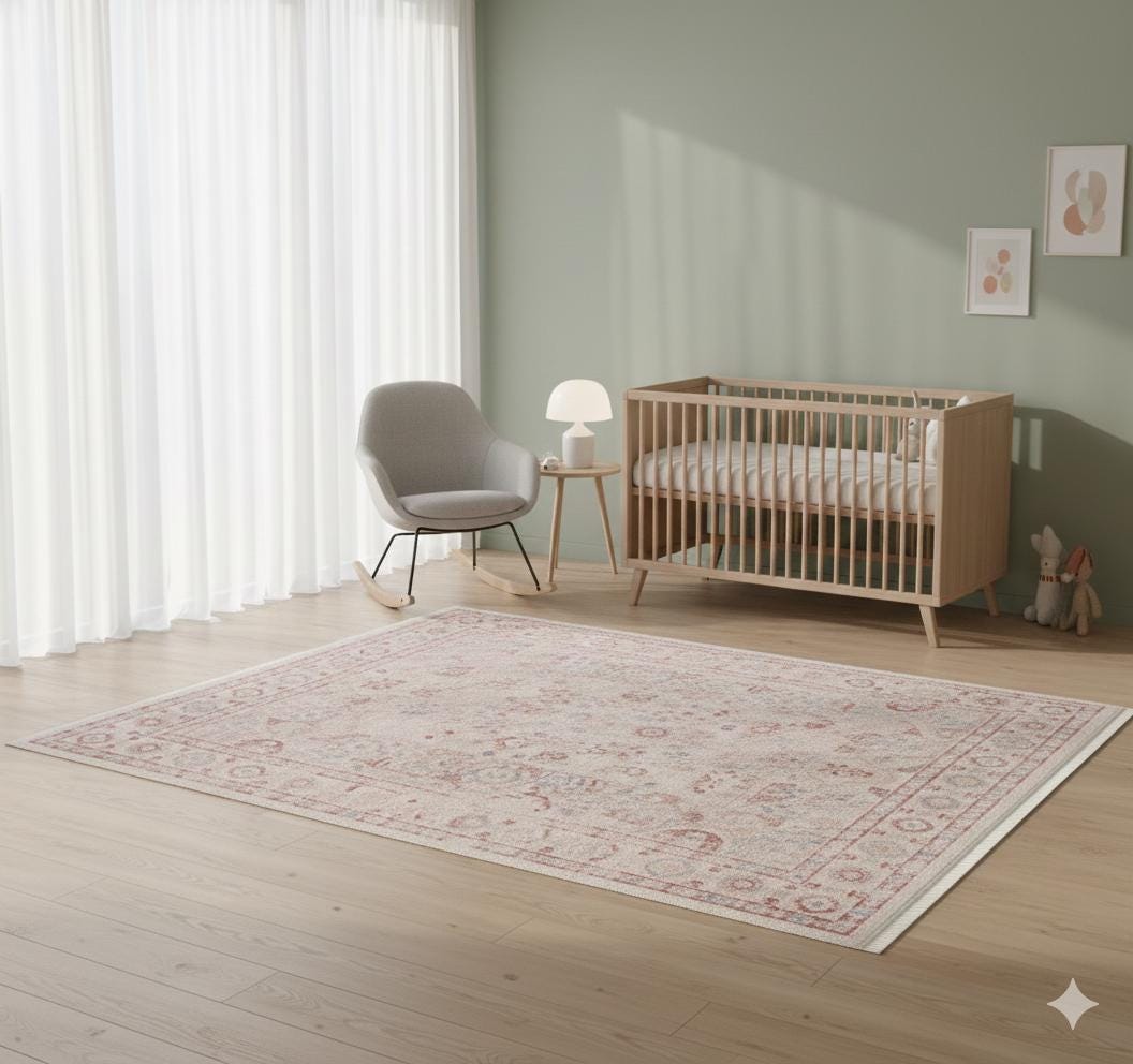Blush Beige Turkish Style Rug: Faded Floral Area Carpet