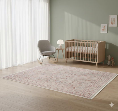 Blush Beige Turkish Style Rug: Faded Floral Area Carpet