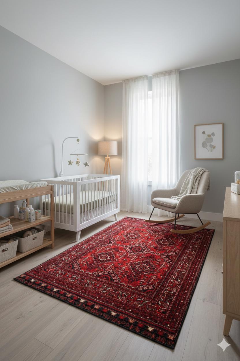 Red Afghan Rug: Washable Chenille Farmhouse Bohemian Rug (3.9 x 5.9 ft)