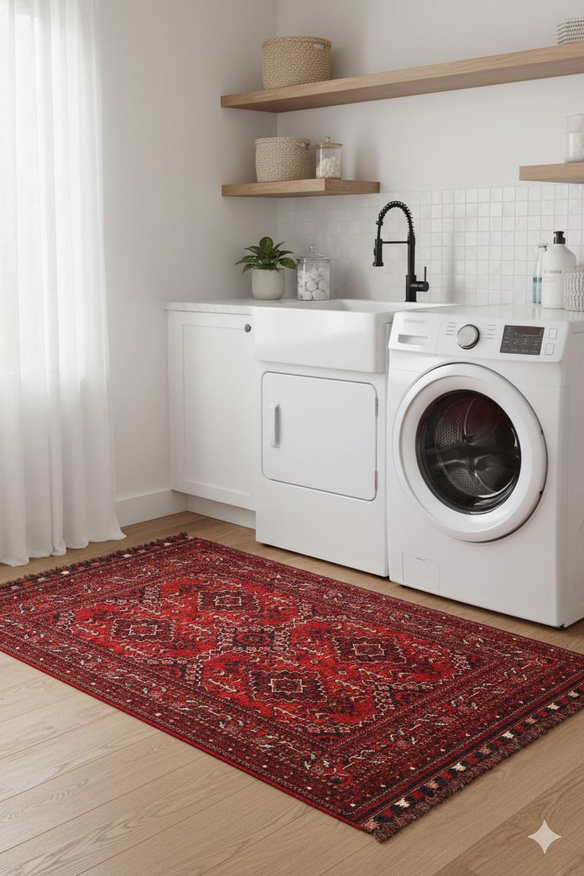 Red Afghan Rug: Washable Chenille Farmhouse Bohemian Rug (3.9 x 5.9 ft)