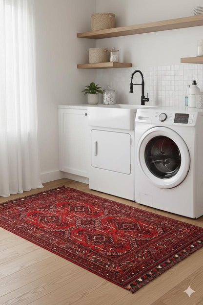 Red Afghan Rug: Washable Chenille Farmhouse Bohemian Rug (3.9 x 5.9 ft)