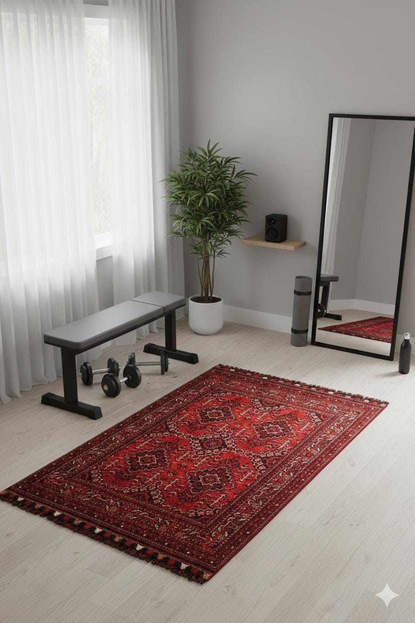 Red Afghan Rug: Washable Chenille Farmhouse Bohemian Rug (3.9 x 5.9 ft)