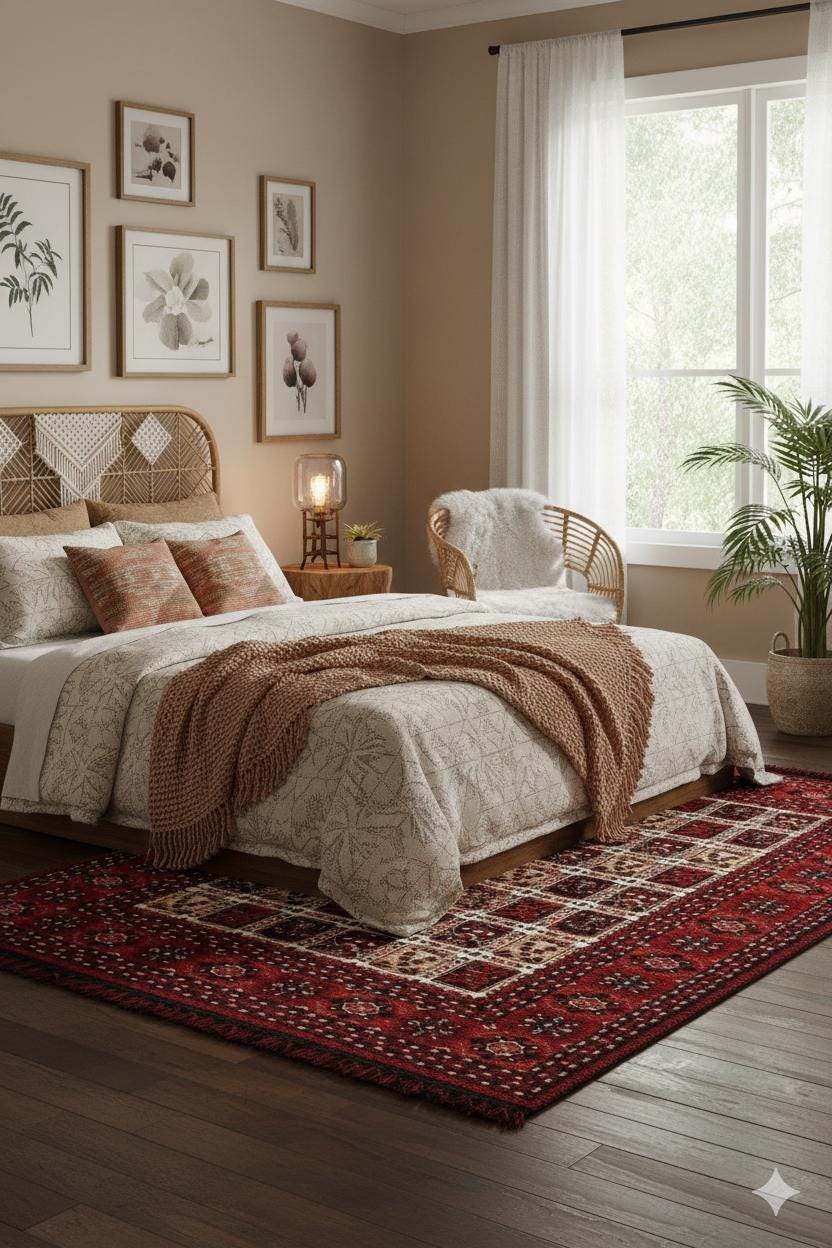 Red Oriental Afghan Rug: Washable Farmhouse Bohemian carpet
