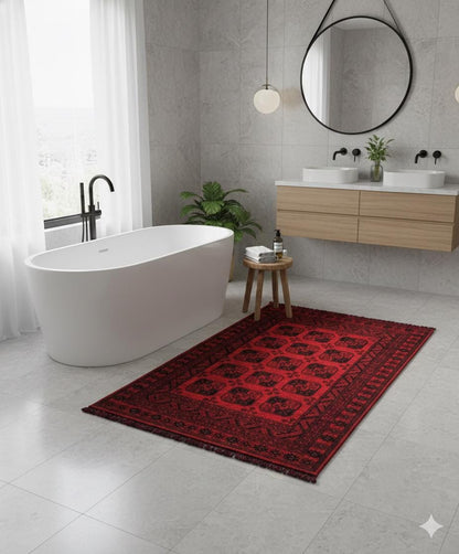 Red Oriental Afghan Rug: Washable Chenille Farmhouse Rug