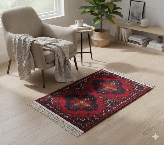 Handmade Afghan Wool Rug: Small Tribal Carpet, Boho Decor (39x59 cm)