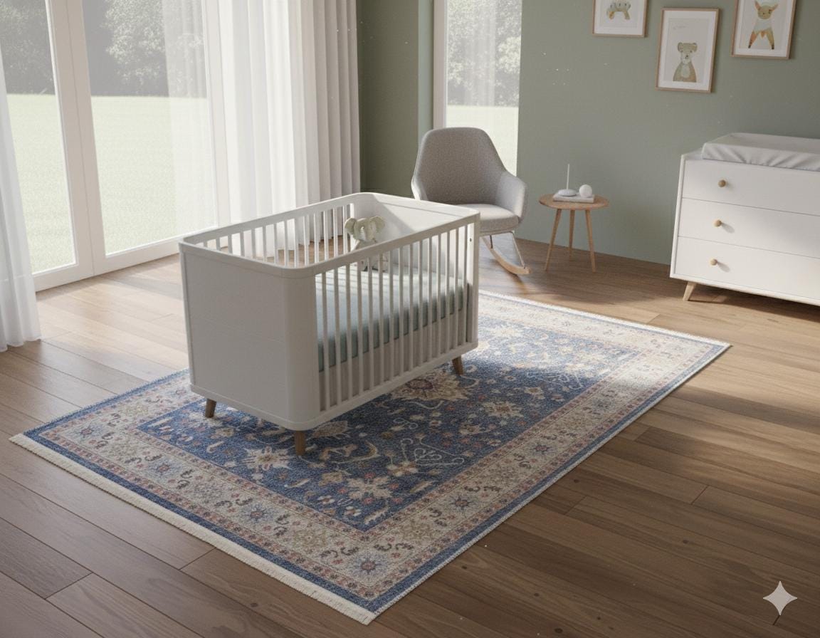 Blue Turkish Style Rug: Oriental Area Carpet with Ivory Border