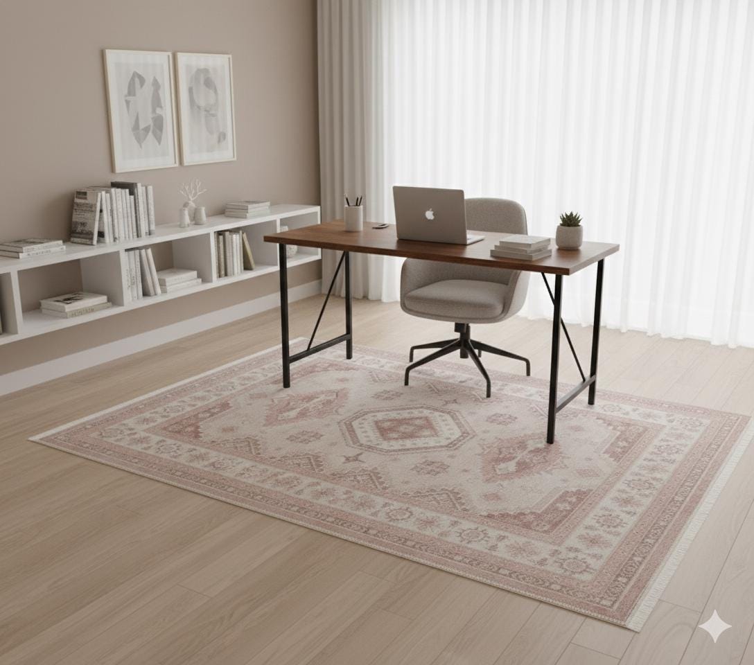 Muted Pink Turkish Style Rug: Soft Geometric Medallion, Vintage Look