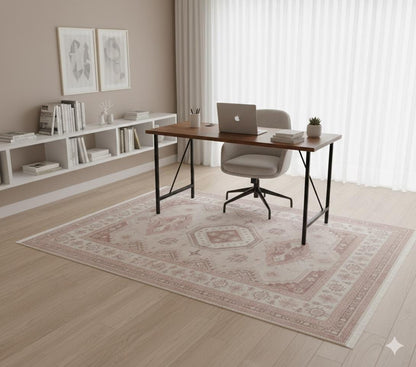 Muted Pink Turkish Style Rug: Soft Geometric Medallion, Vintage Look