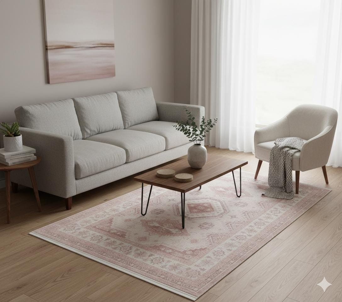 Muted Pink Turkish Style Rug: Soft Geometric Medallion, Vintage Look
