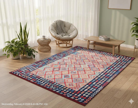 Colorful Vintage Kilim Design Rug: Washable Blue Accent Rug
