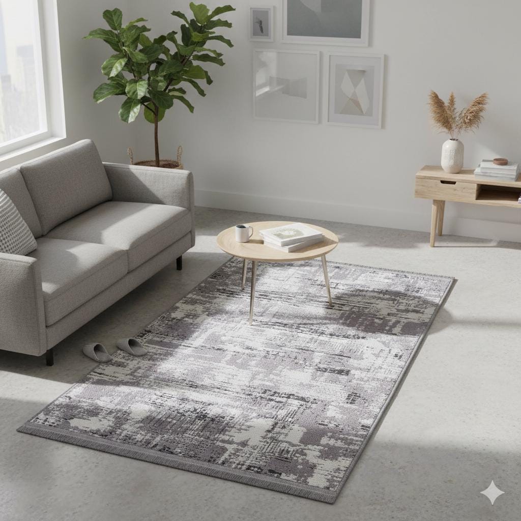 Distressed Abstract Area Rug, Grey White Washable Carpet, Modern Fringed Runner