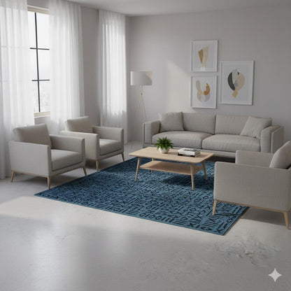 Washable Teal Cotton Rug – Modern Tribal Geometric Pattern, Low Pile Carpet
