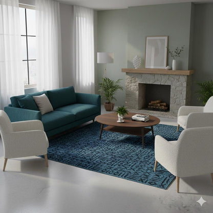 Washable Teal Cotton Rug – Modern Tribal Geometric Pattern, Low Pile Carpet