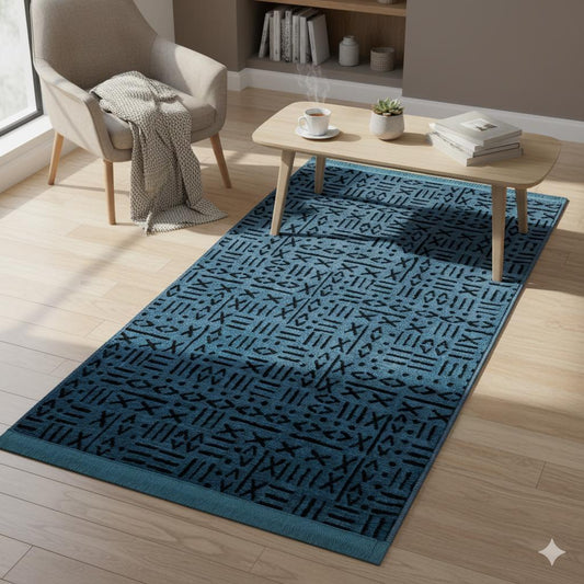 Washable Teal Cotton Rug – Modern Tribal Geometric Pattern, Low Pile Carpet