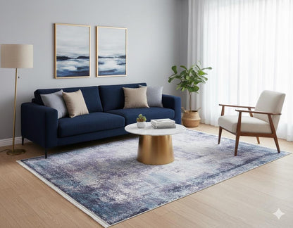 Distressed Abstract Area Rug – Washable Blue Grey Vintage Style Carpet