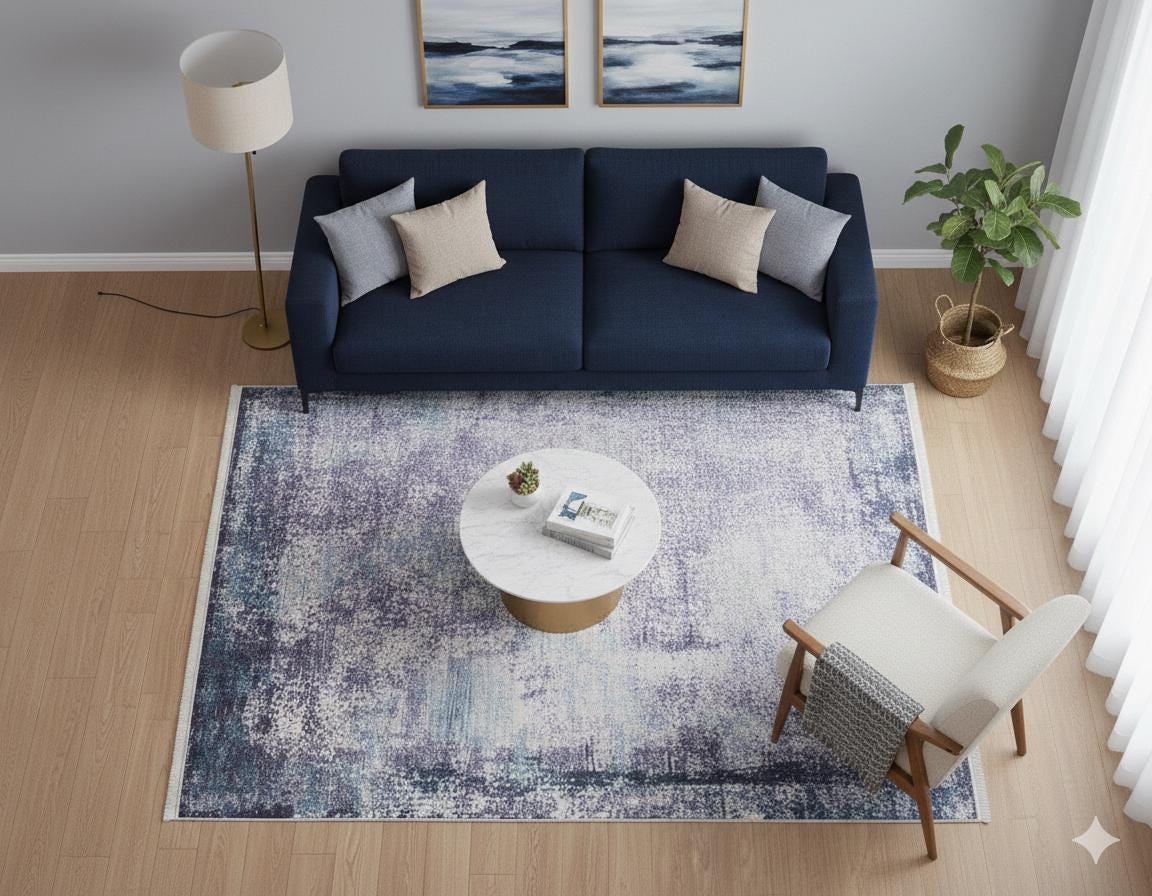 Distressed Abstract Area Rug – Washable Blue Grey Vintage Style Carpet